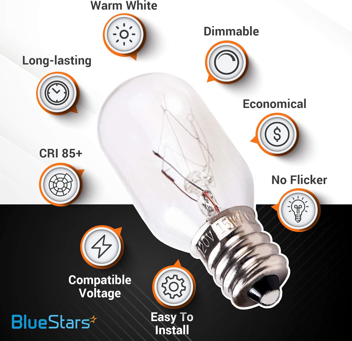 E12 T20 15W salt rock lamp bulb with feature icons highlighting dimmable, warm white, and flicker-free performance.