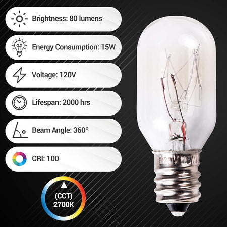 E12 T20 15W salt rock lamp bulb with technical specification infographic overlay.