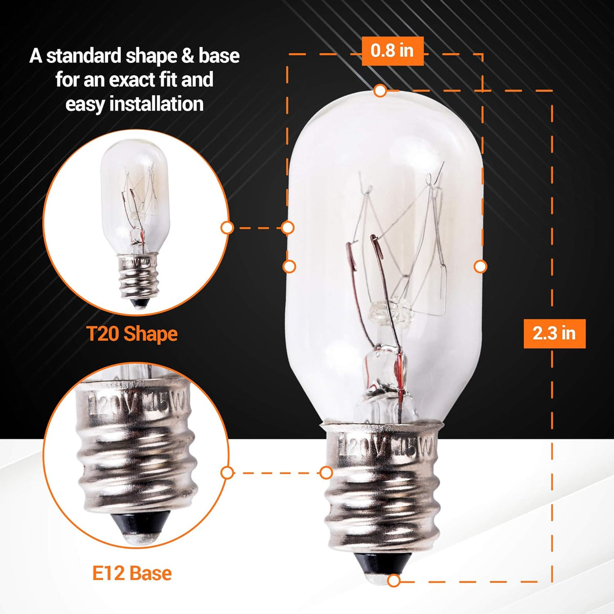 E12 T20 15W salt rock lamp bulb showing dimensions, T20 shape, and E12 base details.