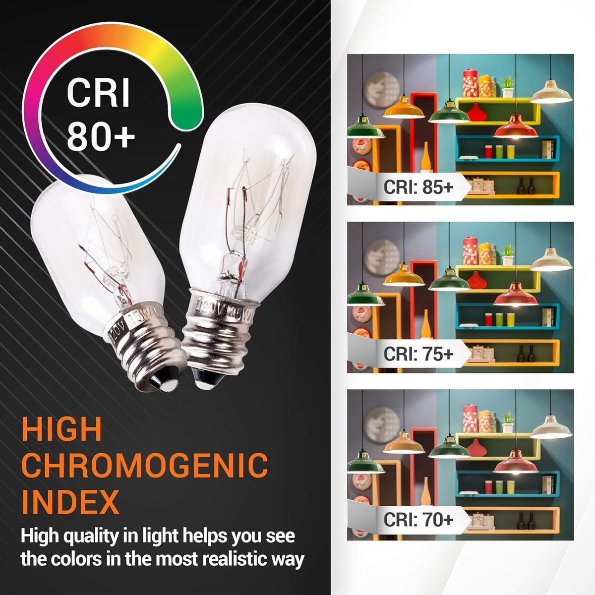Two E12 T20 15W salt rock lamp bulbs with 80+ CRI comparison chart showing color rendering quality.