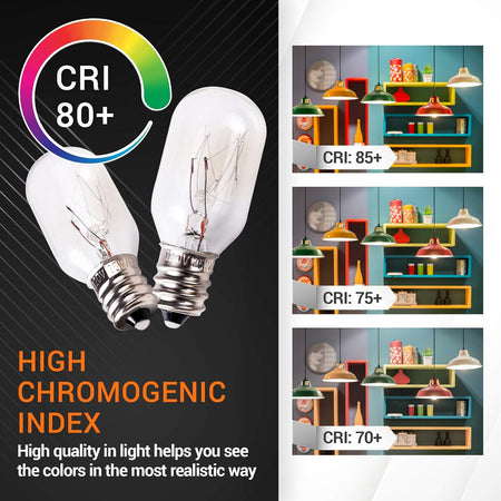 Two E12 T20 15W salt rock lamp bulbs with 80+ CRI comparison chart showing color rendering quality.