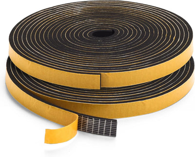Coiled roll of black adhesive foam weatherstripping tape for doors and windows.