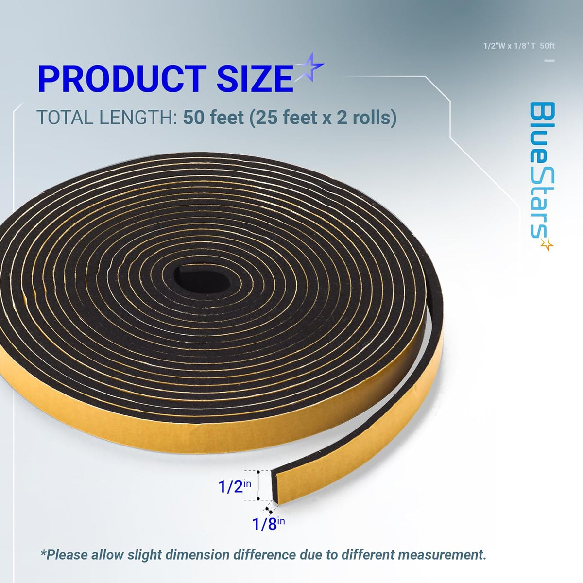 Infographic showing dimensions of 1/2 inch wide by 1/8 inch thick adhesive foam weatherstripping tape.