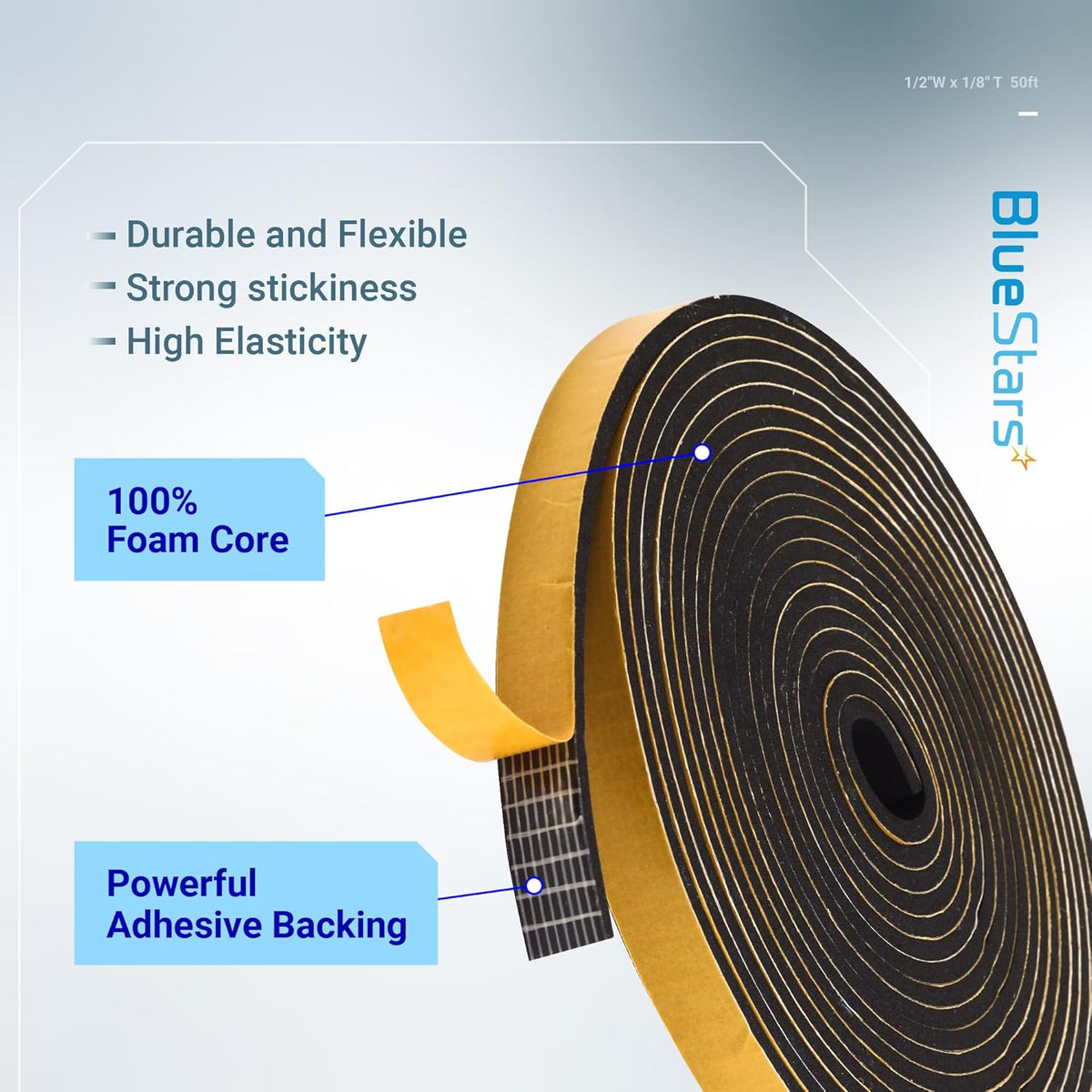 Roll of 1/2 inch wide adhesive foam weatherstripping tape showing foam core and adhesive backing details.