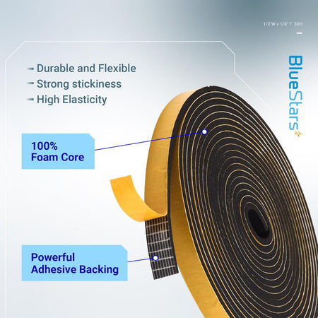 Roll of 1/2 inch wide adhesive foam weatherstripping tape showing foam core and adhesive backing details.