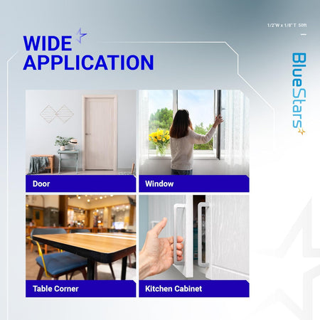 Infographic showing wide application examples for adhesive door and window foam tape on doors, windows, and cabinets.