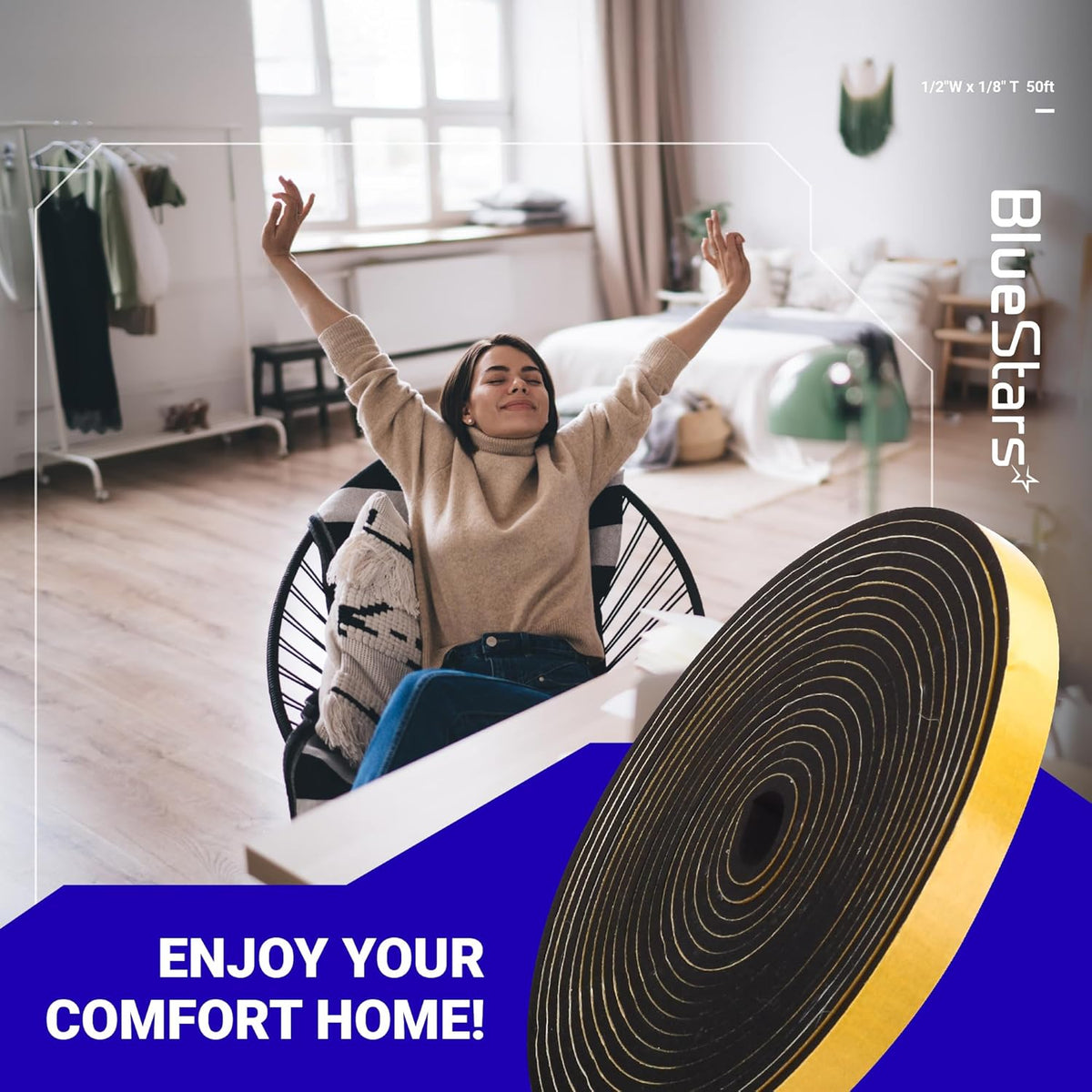 Roll of 1/2 inch wide by 1/8 inch thick adhesive foam weatherstripping tape for doors and windows.