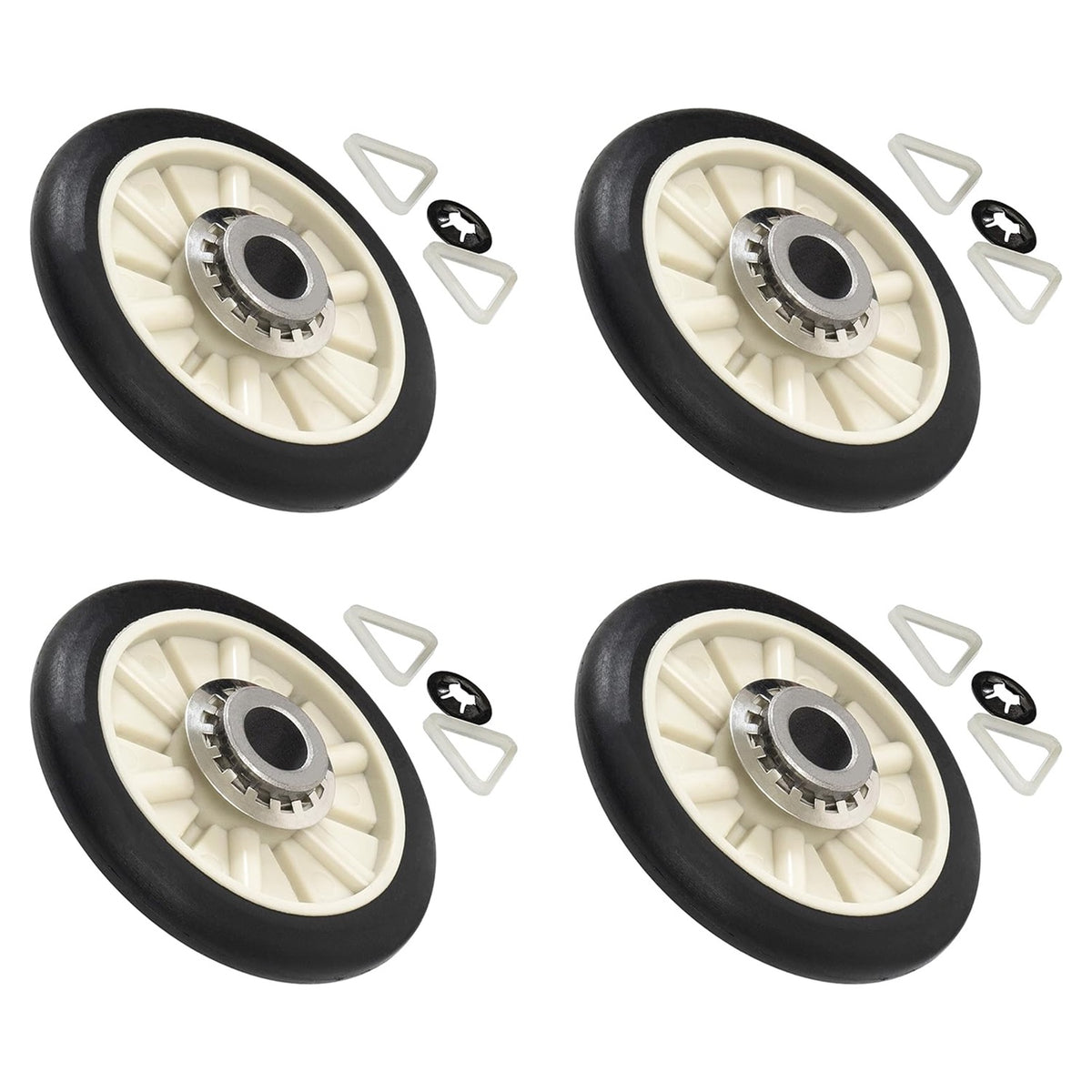 Pack of 4 dryer rear drum support rollers with clips for Kenmore, Whirlpool, Estate, and Roper dryers.