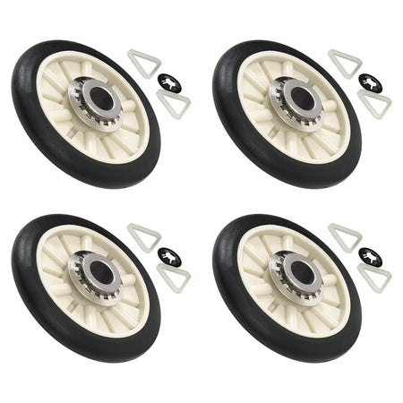 Pack of 4 dryer rear drum support rollers with clips for Kenmore, Whirlpool, Estate, and Roper dryers.