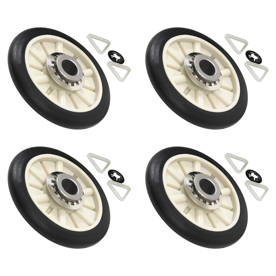 Pack of 4 dryer rear drum support rollers with clips for Kenmore, Whirlpool, Estate, and Roper dryers.