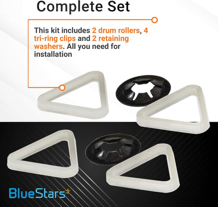 Dryer drum support kit components including four white tri-ring clips and two black retaining washers.