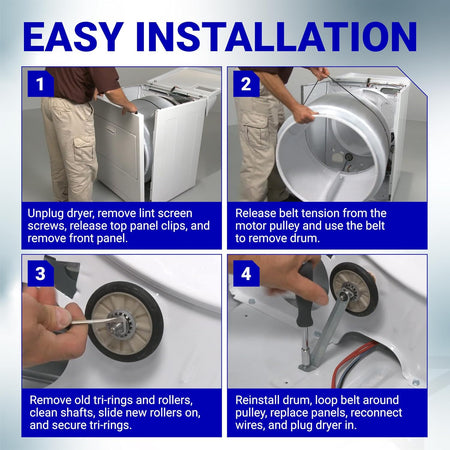 349241T Dryer Rear Drum Support Roller Kit, four-step installation guide showing roller removal and replacement