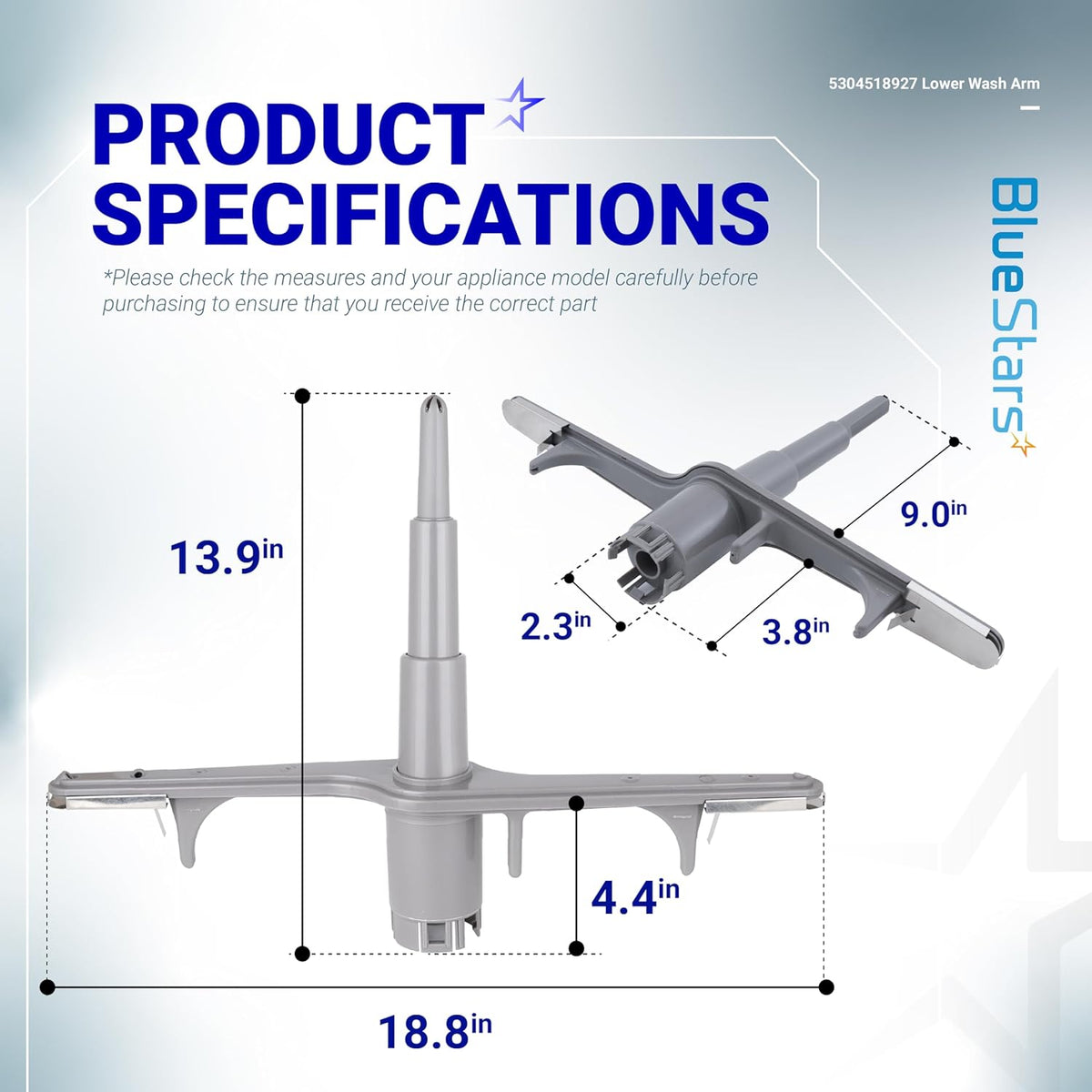 5304518927 dishwasher lower spray arm specification diagram showing dimensions and part measurements.