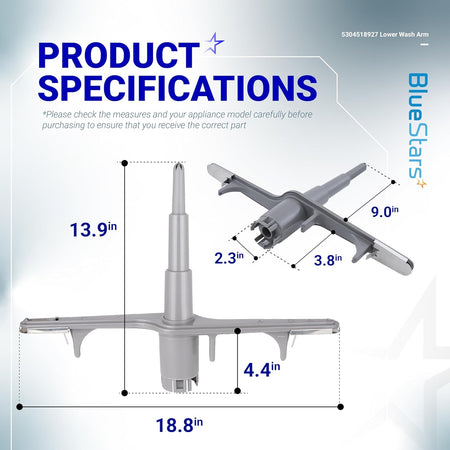 5304518927 dishwasher lower spray arm specification diagram showing dimensions and part measurements.