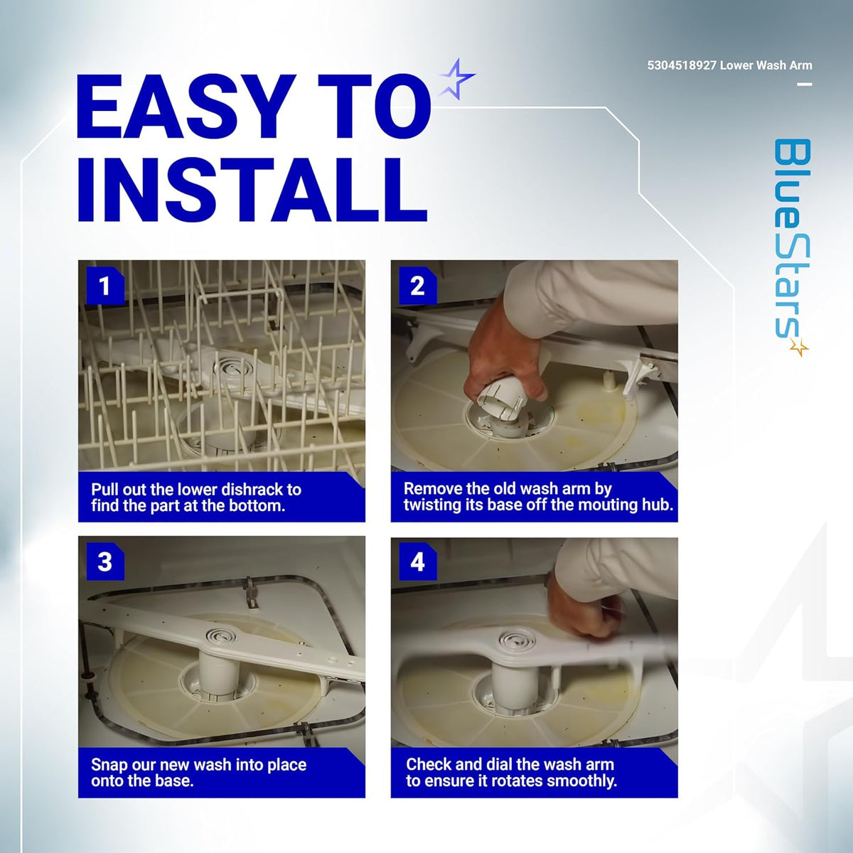 Four-step installation guide for 5304518927 lower spray arm in Frigidaire, Kenmore, and Electrolux dishwashers.