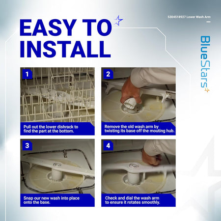 Four-step installation guide for 5304518927 lower spray arm in Frigidaire, Kenmore, and Electrolux dishwashers.