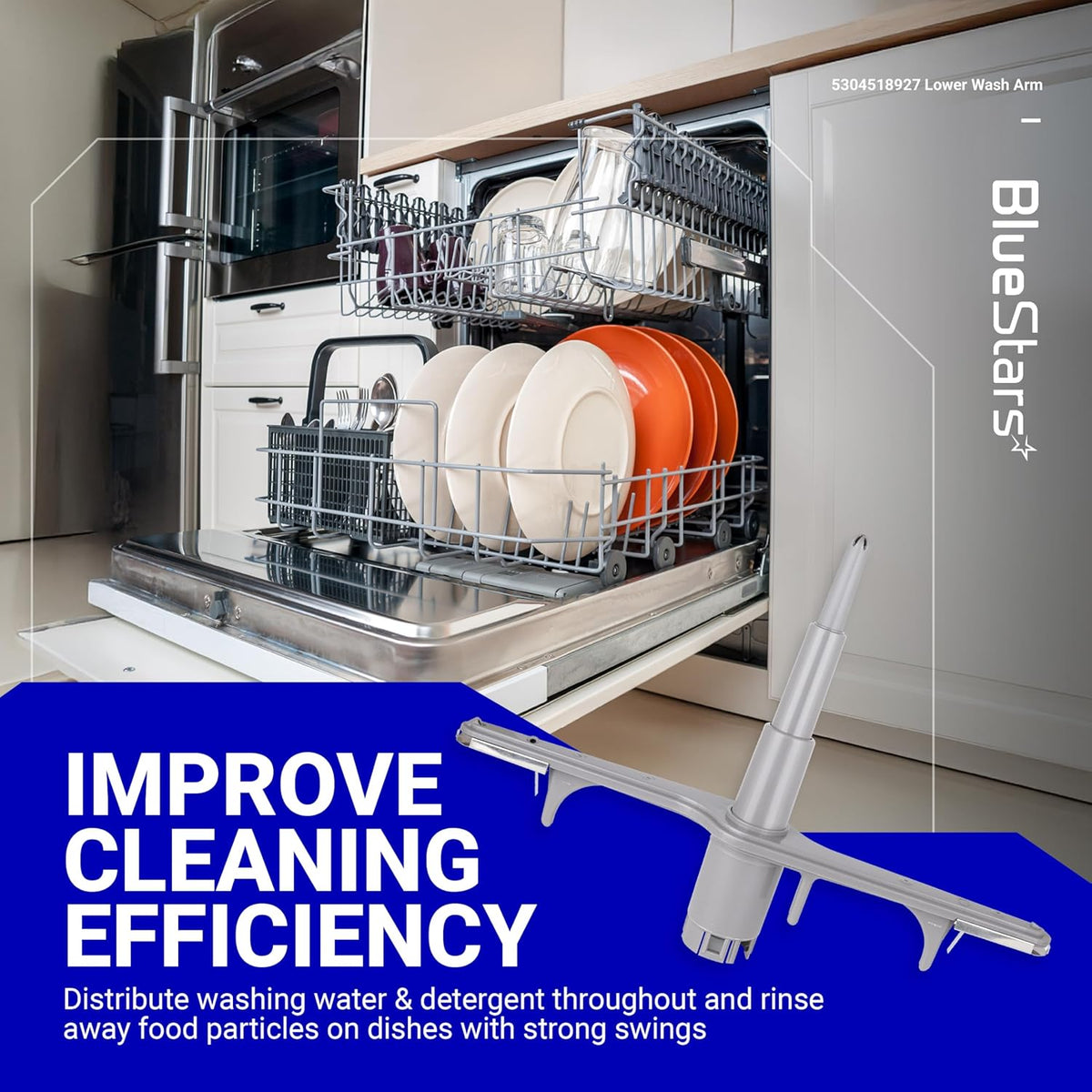 5304518927 lower spray arm for Frigidaire, Kenmore, and Electrolux dishwashers shown in a promotional product graphic.