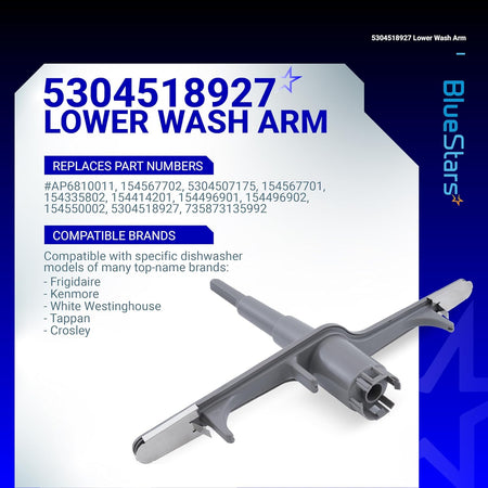 5304518927 lower spray arm for Frigidaire and Kenmore dishwashers shown on an informational product specification graphic.