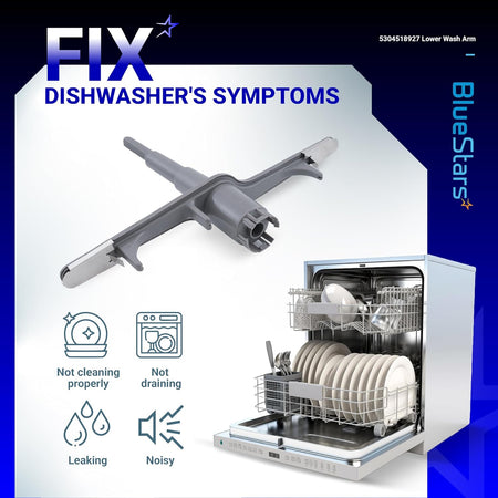 5304518927 lower spray arm for Frigidaire and Kenmore dishwashers with troubleshooting symptom guide.