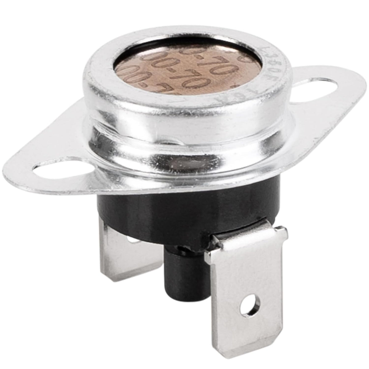 Close-up of 47-22861-01 L350 furnace bimetal thermostat limit switch with mounting flange and two terminals.