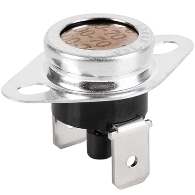 Close-up of 47-22861-01 L350 furnace bimetal thermostat limit switch with mounting flange and two terminals.