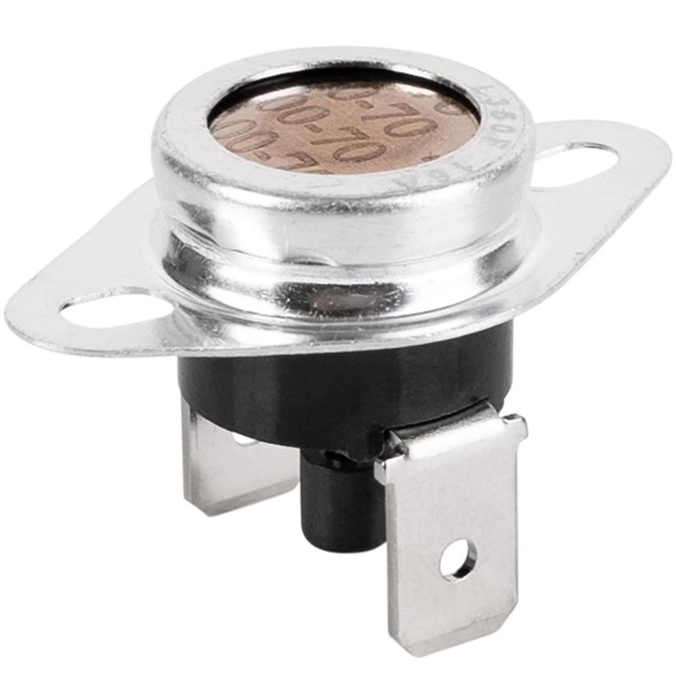 Close-up of 47-22861-01 L350 furnace bimetal thermostat limit switch with mounting flange and two terminals.
