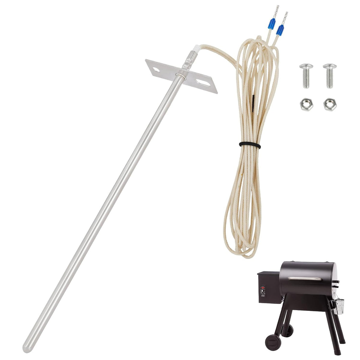 7" RTD Temperature Probe Sensor for Traeger Grill Probe with wiring, mounting bracket, screws, and grill