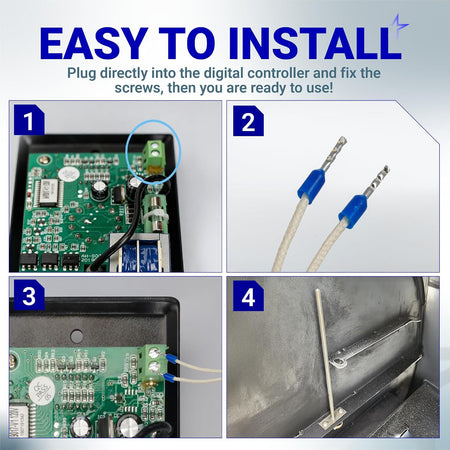 7" RTD Temperature Probe Sensor, easy-install graphic showing controller wiring, terminals, and probe inside a grill