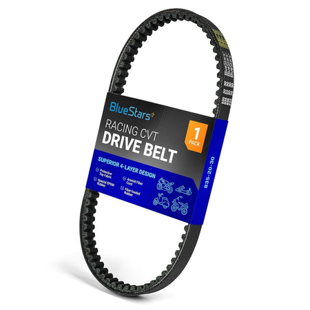 835-20-30 racing CVT drive belt with BlueStars branding and 4-layer design packaging.
