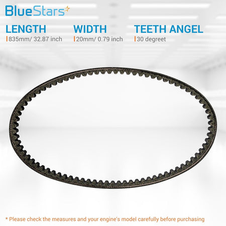 835-20-30 racing CVT drive belt with technical specifications for length, width, and teeth angle displayed.