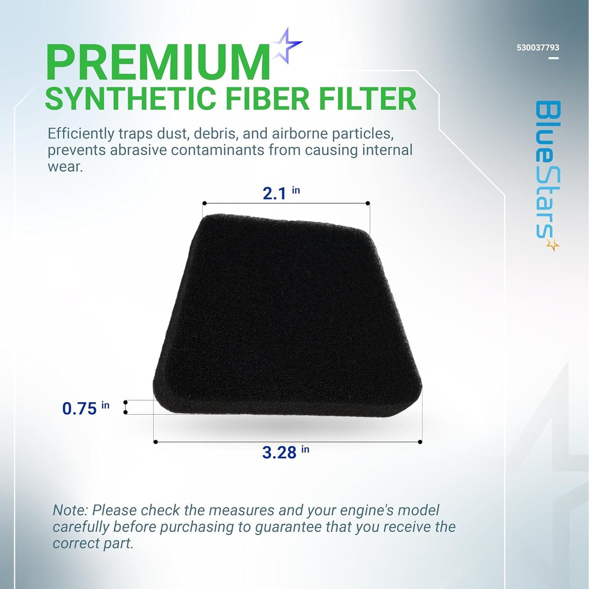 530037793 synthetic foam air filter for Poulan Pro and Craftsman chainsaws with dimensions shown.