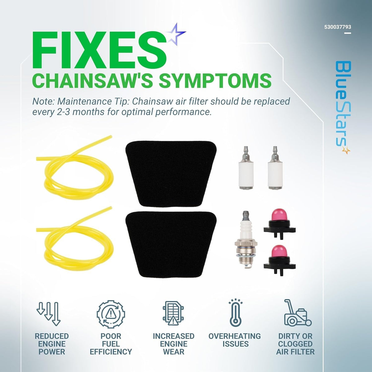 Infographic showing 530037793 chainsaw tune-up kit components including air filters, fuel lines, primer bulbs, and spark plug