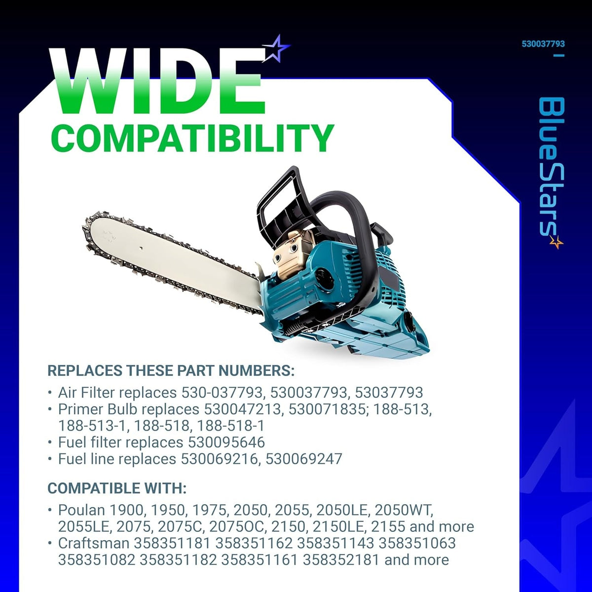 BlueStars air filter tune-up kit compatibility chart for Poulan Pro and Craftsman chainsaws.