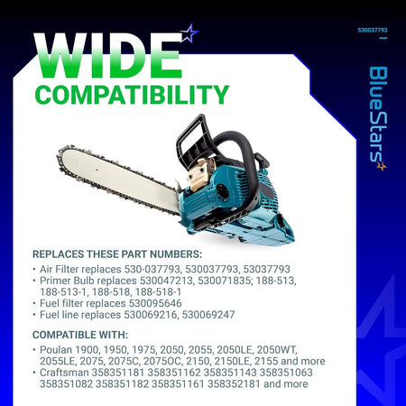 BlueStars air filter tune-up kit compatibility chart for Poulan Pro and Craftsman chainsaws.