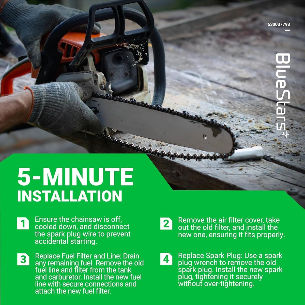 Instructional graphic showing 5-minute installation steps for 530037793 chainsaw tune-up kit components.