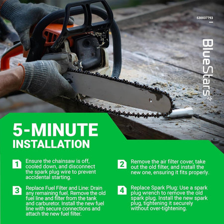 Instructional graphic showing 5-minute installation steps for 530037793 chainsaw tune-up kit components.