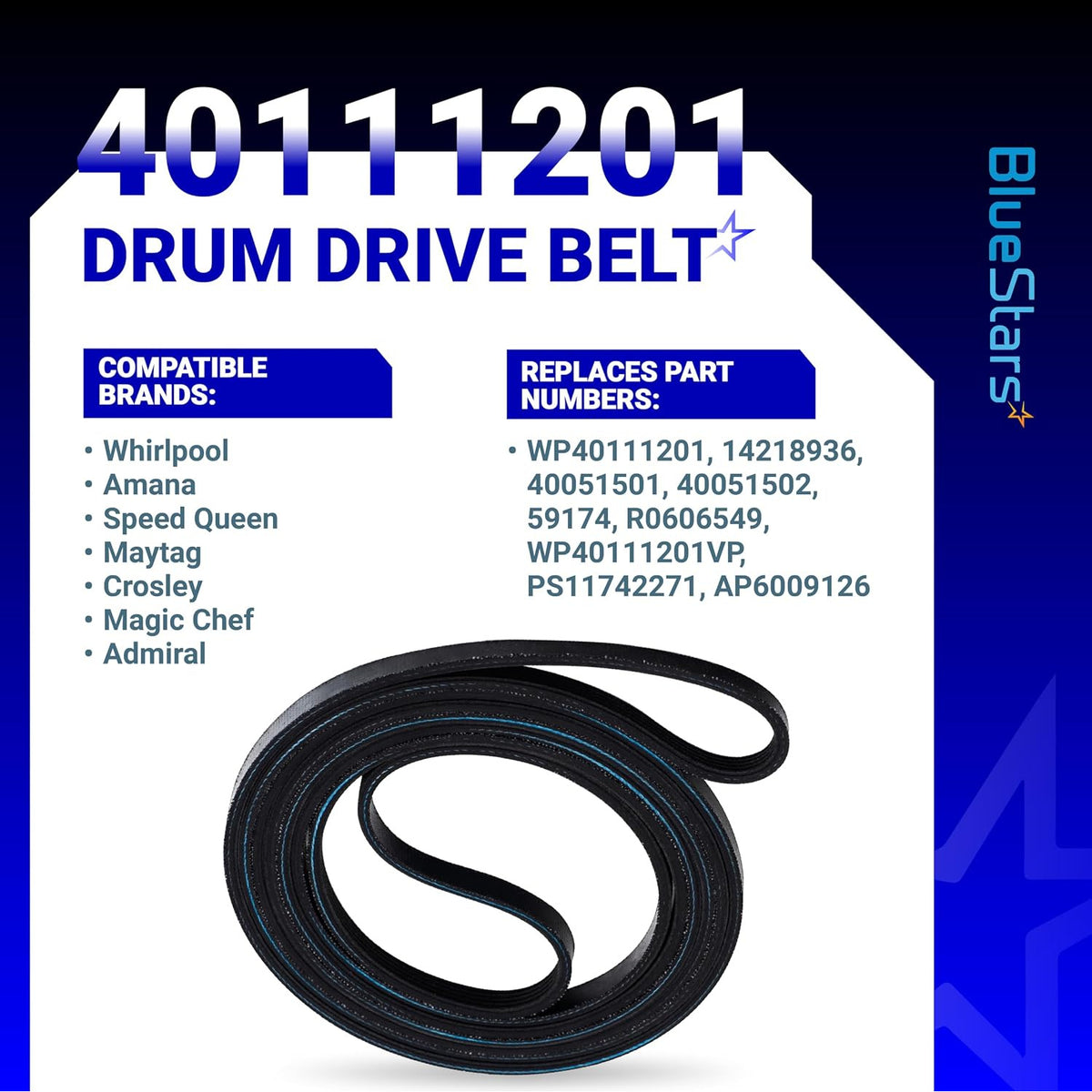 40111201 Dryer Drum Belt, black belt shown on a white graphic with compatible brands and replacement numbers