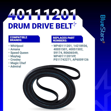 40111201 Dryer Drum Belt, black belt shown on a white graphic with compatible brands and replacement numbers