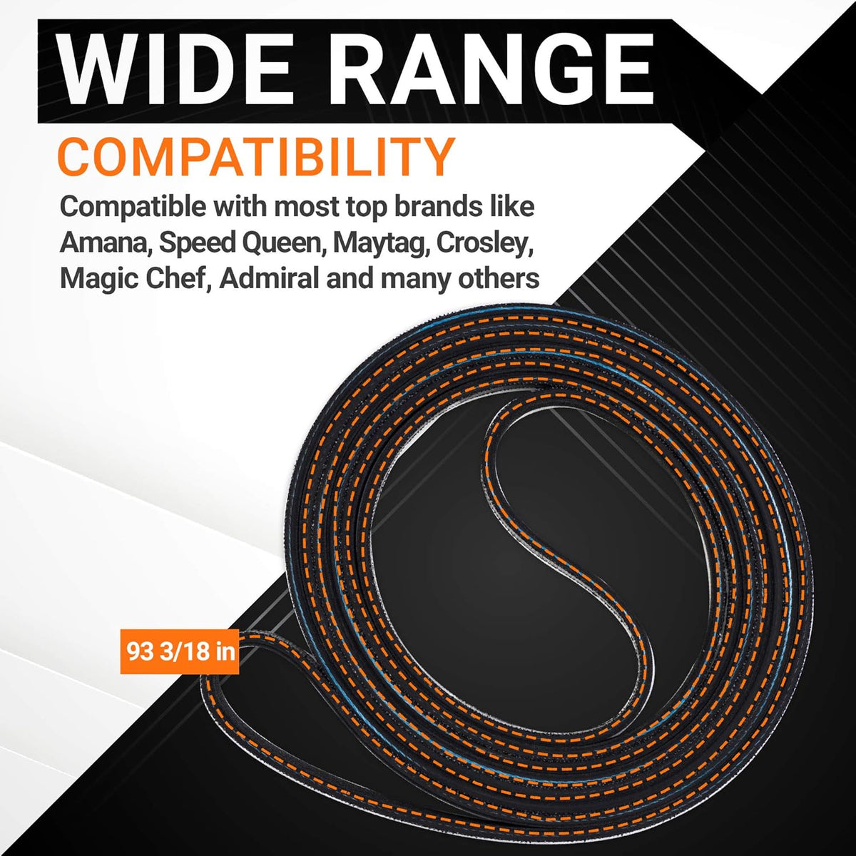 40111201 dryer drum belt showing compatibility with major appliance brands and 93 3/18 inch length.