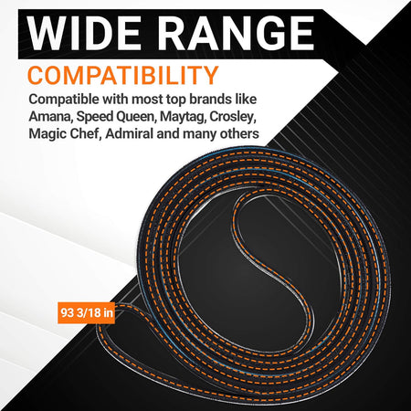 40111201 dryer drum belt showing compatibility with major appliance brands and 93 3/18 inch length.