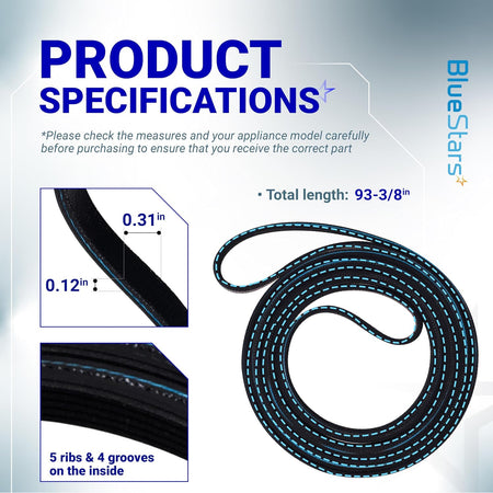 40111201 Dryer Drum Belt - Dimensions diagram: 93-3/8 in length, 0.31 in width, 0.12 in thick; 5 ribs, 4 grooves