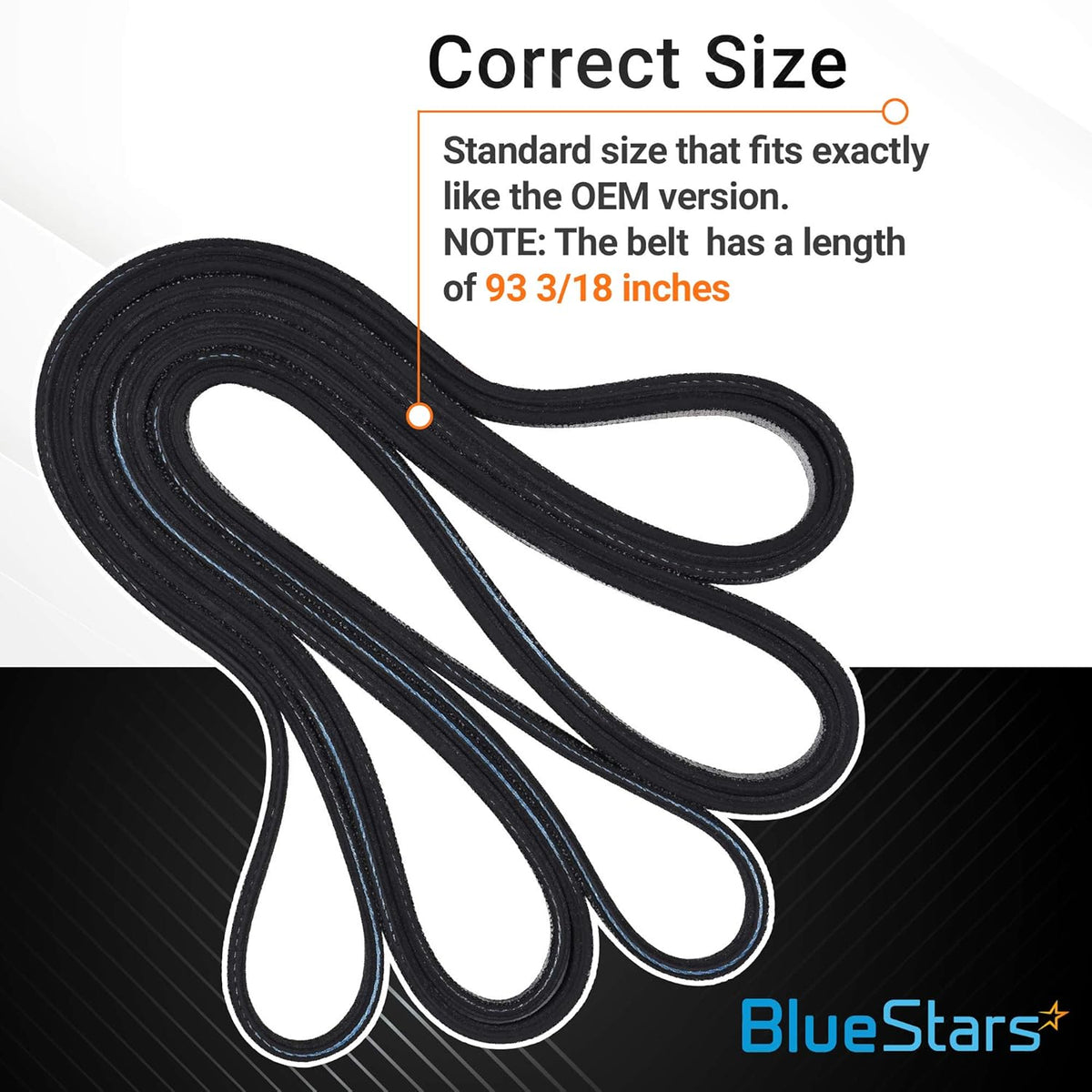 40111201 dryer drum belt showing 93 3/18 inch length specification for Maytag, Whirlpool, and compatible dryers.