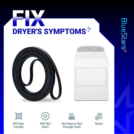 40111201 Dryer Drum Belt with dryer graphic and icons for no tumble, won't start, low heat, and noisy symptoms