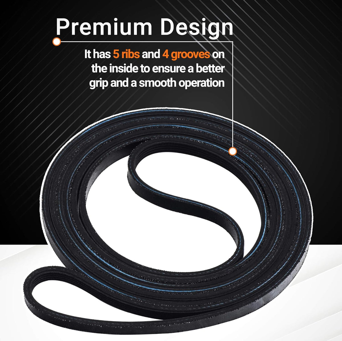 40111201 dryer drum belt showing 5-rib design for improved grip and smooth operation.