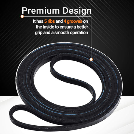 40111201 dryer drum belt showing 5-rib design for improved grip and smooth operation.