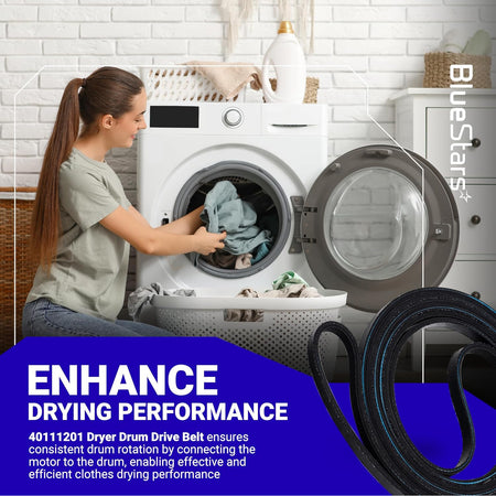 40111201 Dryer Drum Belt shown in a promotional graphic with an open dryer, clothes, and the belt pictured at right