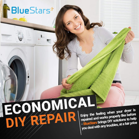 Woman holding a green towel in front of a dryer, promoting economical DIY repair for dryer drum belt replacements.