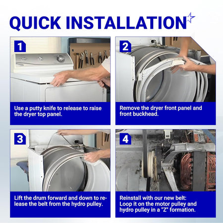 40111201 Dryer Drum Belt quick installation guide showing four steps for removing the dryer panel and installing the belt
