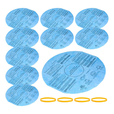 Pack of 10 blue circular wet dry vacuum disc filters with four yellow mounting rings for ShopVac and Vacmaster.