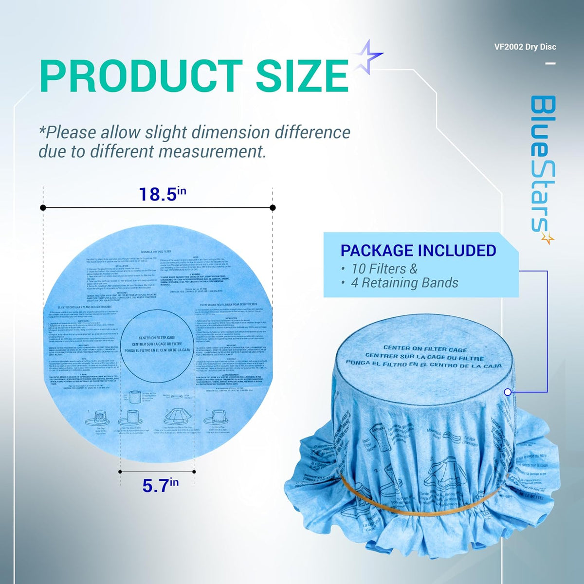 Infographic showing dimensions and installation instructions for VF2002 wet dry disc vacuum filters.